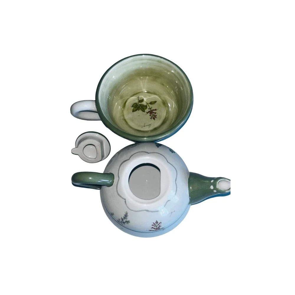 Sonoma Tea set for 1 Stacked Teapot Teacup Herbs Herb Garden 3 pc green/beige